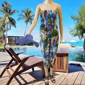 Vintage Tropical Abstract Smocked Strapless Jumpsuit